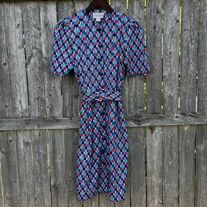 ADRIANNA PAPELL PETITES Vintage 80’s Geometric Dot Retro Midi Belt Dress- Size 4